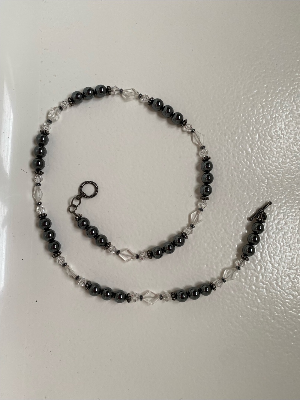 Hematite and Clear Crystal Bead Necklace - Elegant Women's Jewelry